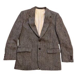 VTG Harris Tweed Blazer Men Herringbone Wool Sport Coat Beige Brown Scotland